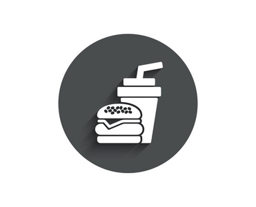 汉堡包与饮料简单的图标。快餐店招牌。汉堡包或芝士汉堡符号。圆圈平面按钮与阴影。矢量