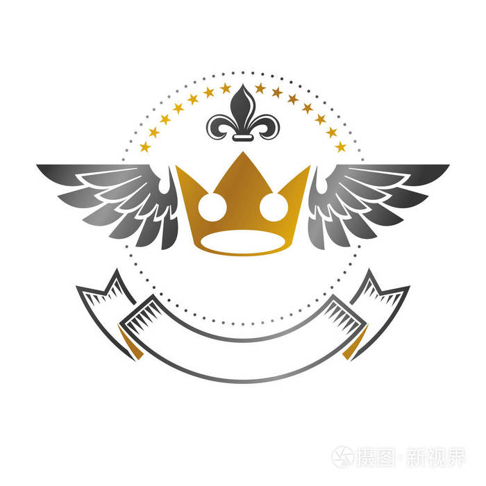 皇家皇冠会徽.纹章徽章, 老式矢量徽标.白色背景上的古董标识