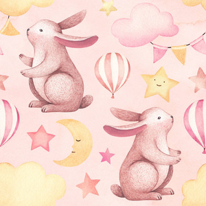 一个可爱的兔子的水彩插图。无缝模式