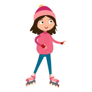 可爱的年轻女孩，在滚子粉红色溜冰鞋矢量