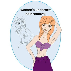 卡通美女女人做脱毛前后。妇女的腋下脱毛的概念。不需要的头发, 多余的头发