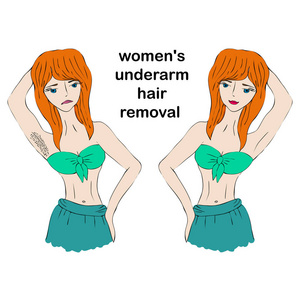 卡通美女女人做脱毛前后.妇女的腋下脱毛的概念.