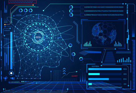 抽象技术 ui 未来概念人脑界面全息图元素数字数据图, 通信, 计算和百分比生命力创新高科技未来设计背景