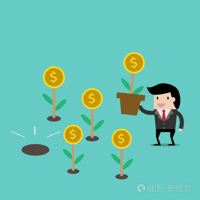 矢量企业财务存钱准备投资概念卡通商人用手里的钱不保存业务设计的