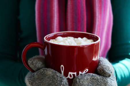 羊毛手套捧着杯热巧克力和棉花糖