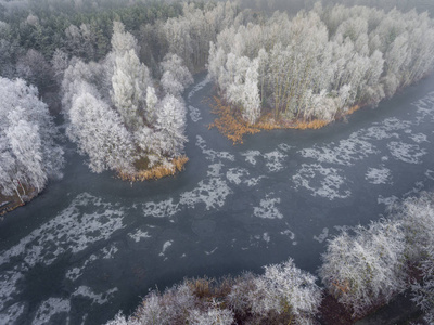 冬天背景与白雪覆盖的森林鸟瞰图