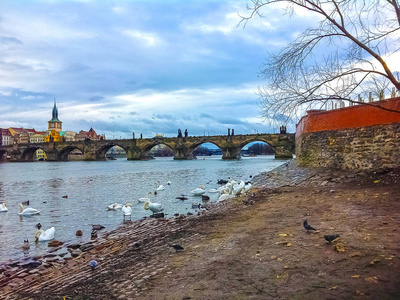 布拉格伏尔塔瓦河河上的查尔斯桥和天鹅观