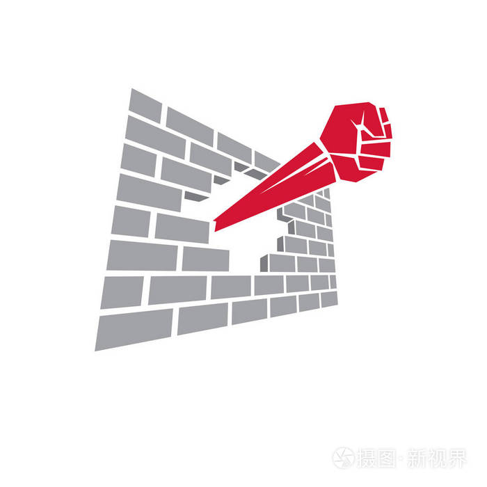 矢量图的攥紧的拳头打破在墙.没有限制概念会徽