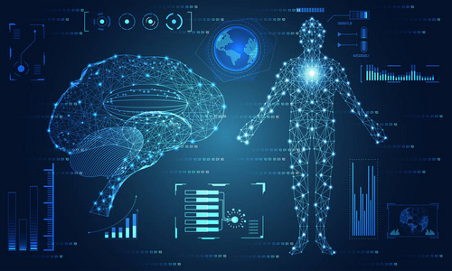 抽象技术用户界面未来概念大脑和人体显式界面全息图元素数字数据图, 通信, 计算和健康创新的高科技未来设计背景