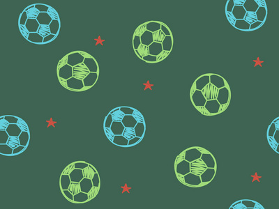 在绿色背景下手绘涂鸦无缝图案与足球球