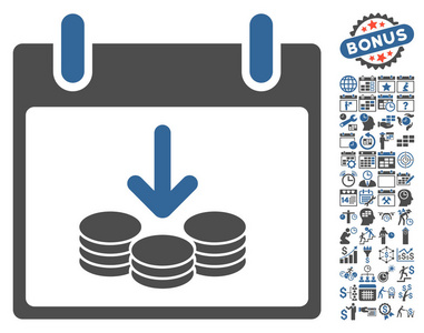 硬币与奖金收入日历天平面矢量图标