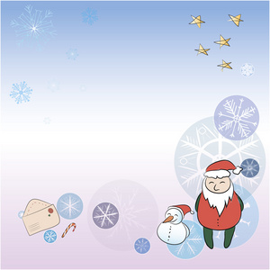 圣诞老人与雪人的圣诞贺卡。背景 雪花 星星 圣诞老人 信封和工作人员保存在单独的图层
