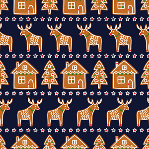 圣诞姜饼曲奇圣诞树，明星，鹿，房子无缝模式