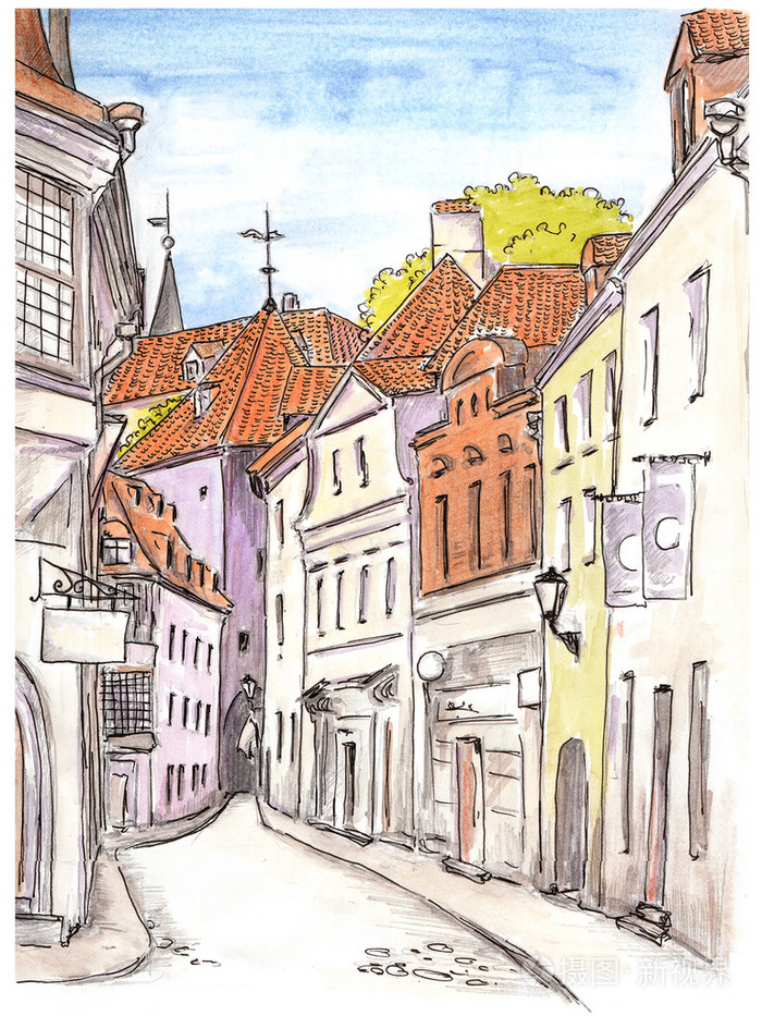 手绘草图的老欧洲小镇的街道
