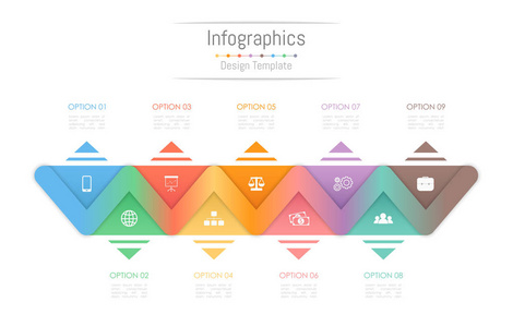 您的业务数据与 9 选项 零件 步骤 时间线或过程的信息图表设计元素。矢量图