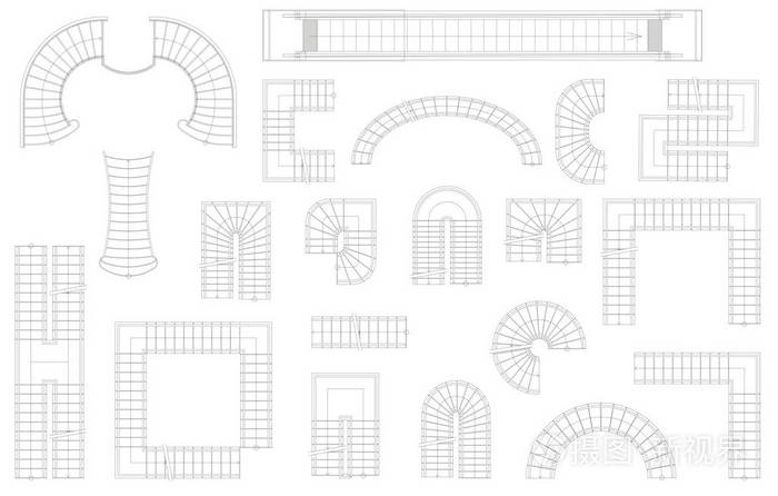 楼梯在不同形式的图形集.顶视图.矢量图.白色背景上孤立