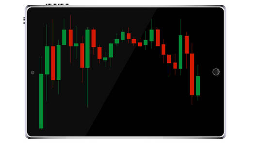 黑色逼真的大智能触摸移动平板电脑与日本蜡烛, 股票行情变化区间图, 原材料价格, 矢量插图