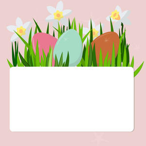 矢量插图, 明信片喜庆, 祝贺, 复活节彩蛋在草地上
