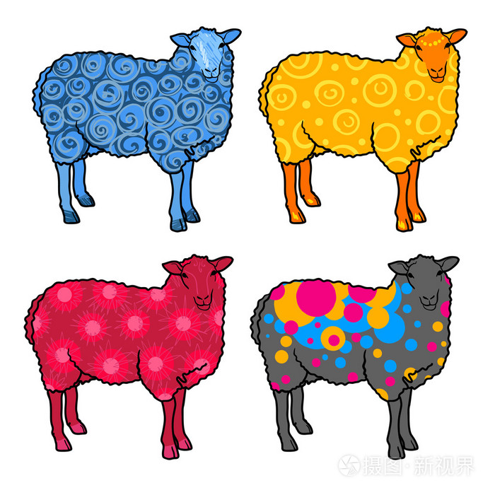四个抽象羊: 蓝色, 黄色, 红色, 灰色