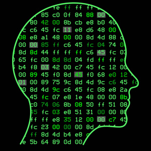 人工智能。人类头部轮廓的图像, 里面描绘了二进制代码, 象征着思维过程。图解工作人工神经网络