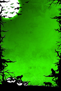 树木 蝙蝠 猫与南瓜万圣节夜绿色垂直背景