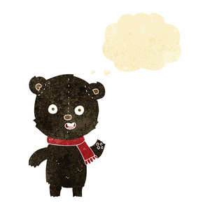 卡通挥舞着围巾与思想泡泡的黑色小熊
