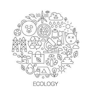 生态学在圈子概念线例证为盖子徽章徽章。生态细线笔画图标集