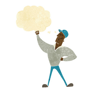 卡通人罢工英勇的姿势与思想泡泡照片