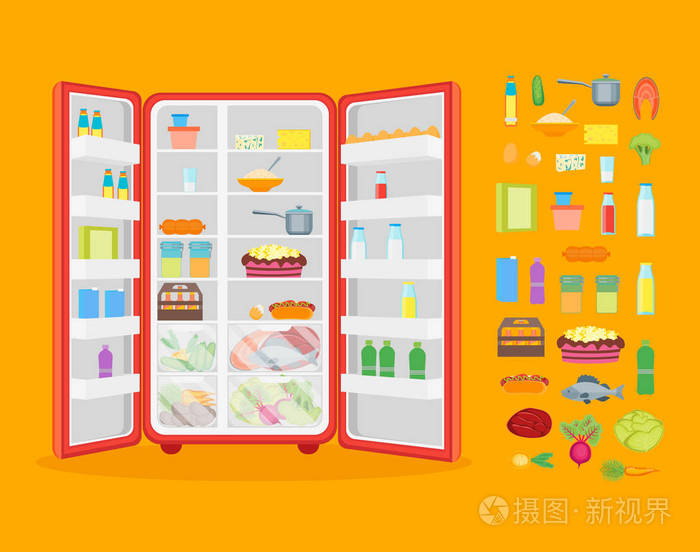 卡通打开冰箱里充满了食物和元素的一部分矢量