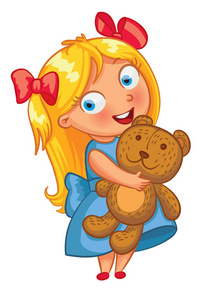 小女孩抱着玩具熊。有趣的卡通人物