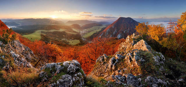 斯洛伐克森林秋 panorana 景观与在 sunri 山