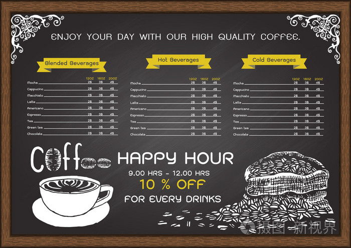 咖啡厅菜单上黑板设计模板用手绘制一杯热咖啡和咖啡豆一袋