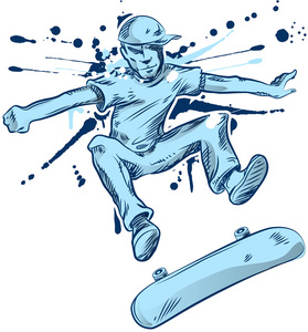 体育手绘制的背景滑板手画在白色背景上照片