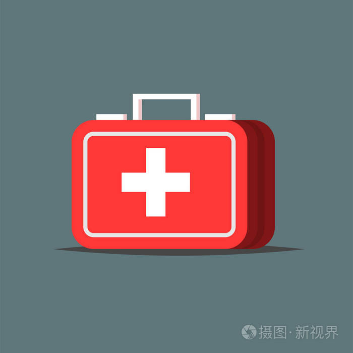 红色急救包孤立的灰色背景.与白色十字架像一个诊断概念的医疗箱.