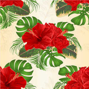无缝纹理花束与热带花卉夏威夷风格插花, 与美丽的芙蓉, 棕榈, 蔓和榕复古矢量插图可编辑手绘手画