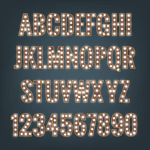 字体。与灯泡的字体。闪亮的字母和数字