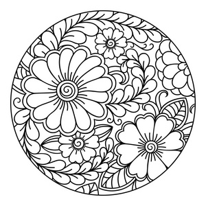 勾勒出用于着色书籍页面的圆形花卉图案.成人和儿童抗应力着色.