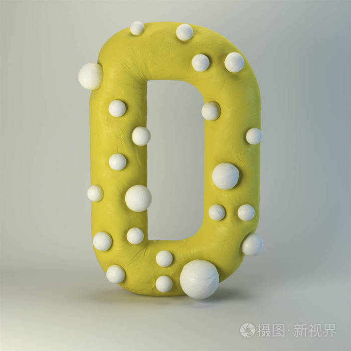 3d 橡皮泥手工字母 d 在逗人喜爱的卡通样式与白色圆点在灰色背景