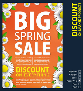 为促销而设计的纸质海报是一份橙色背景下的明亮雏菊的春季销售。弹簧模板为您设计, 卡片, 邀请, 海报