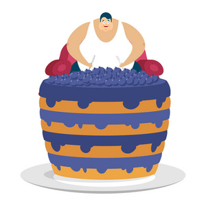 胖子坐在椅子上和蓝莓蛋糕。暴食者厚马