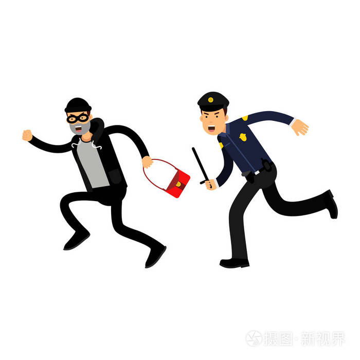 警察用警棍追打一个偷包贼的蓝色制服,多彩文字矢量图