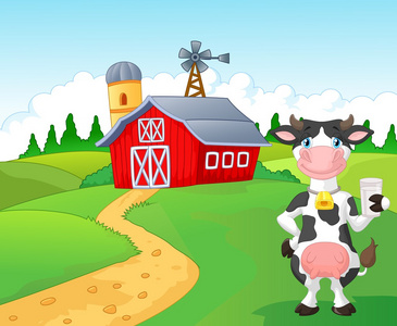 卡通牛抱着一杯牛奶农场背景照片