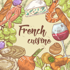法国菜手绘设计与奶酪 葡萄酒和羊角面包。食物和饮料。矢量图