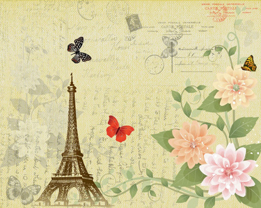 Post 卡的埃菲尔铁塔和垃圾背景上的花朵