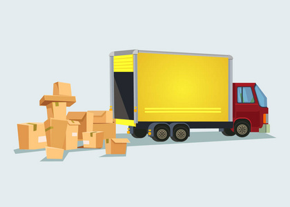 货车插画与很多框的送货卡车.矢量平面卡通插画照片