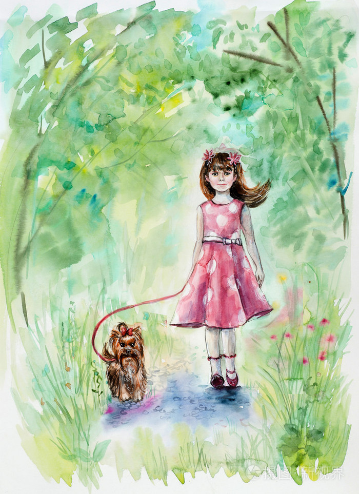 女孩和狗.约克夏犬.女孩走,有一只小狗在树林里.