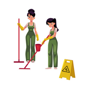 清洁服务女孩，女仆在洗地板 警告标志的工作服