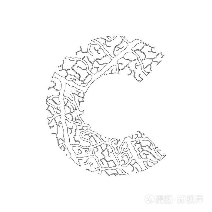 自然字母表生态装饰字体大写字母 c 充满叶静脉模式是黑的