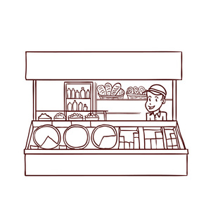 街头的食品店,与卖方.手工绘制的矢量图照片