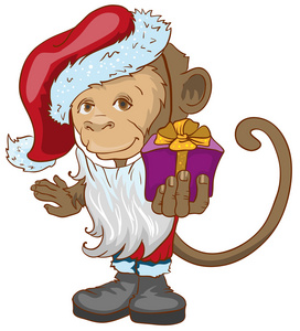 猴子符号 2016年圣诞帽，手里拿着礼物盒